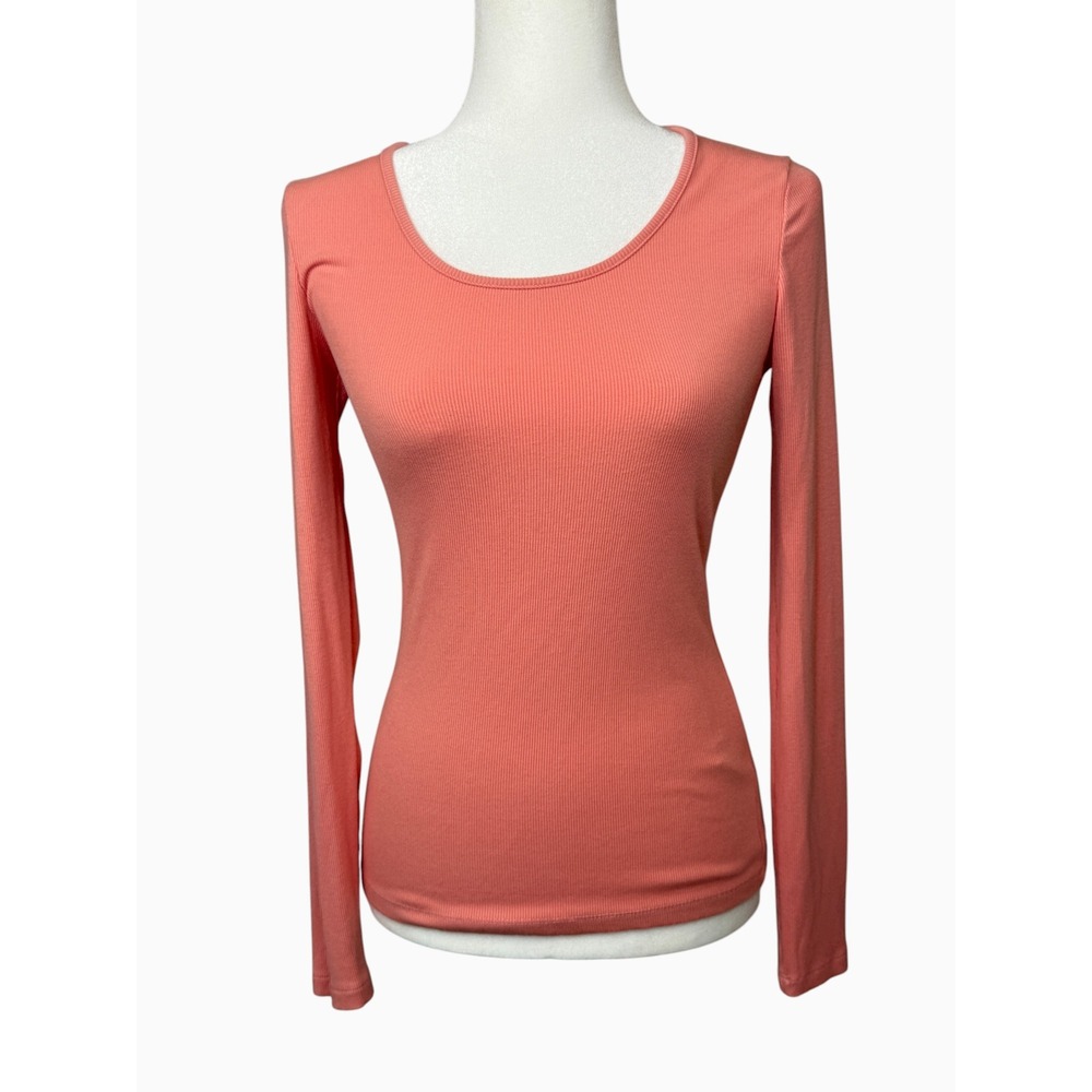 Elie Tahari Womens S Coral Ribbed Modal Scoop Neck Long Sleeve Stretch Top